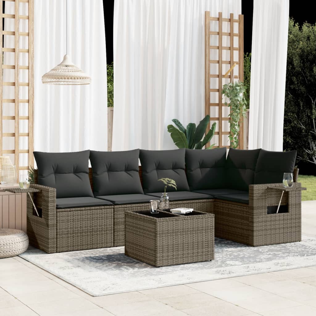 6 Pcs conjunto sofás de jardim com almofadões vime cinzento