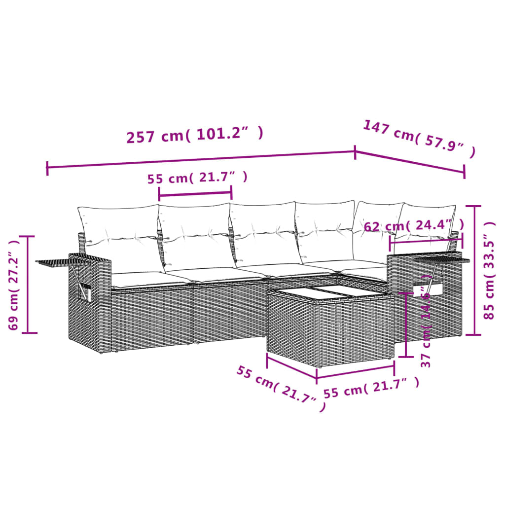 6 Pcs conjunto sofás de jardim com almofadões vime cinzento