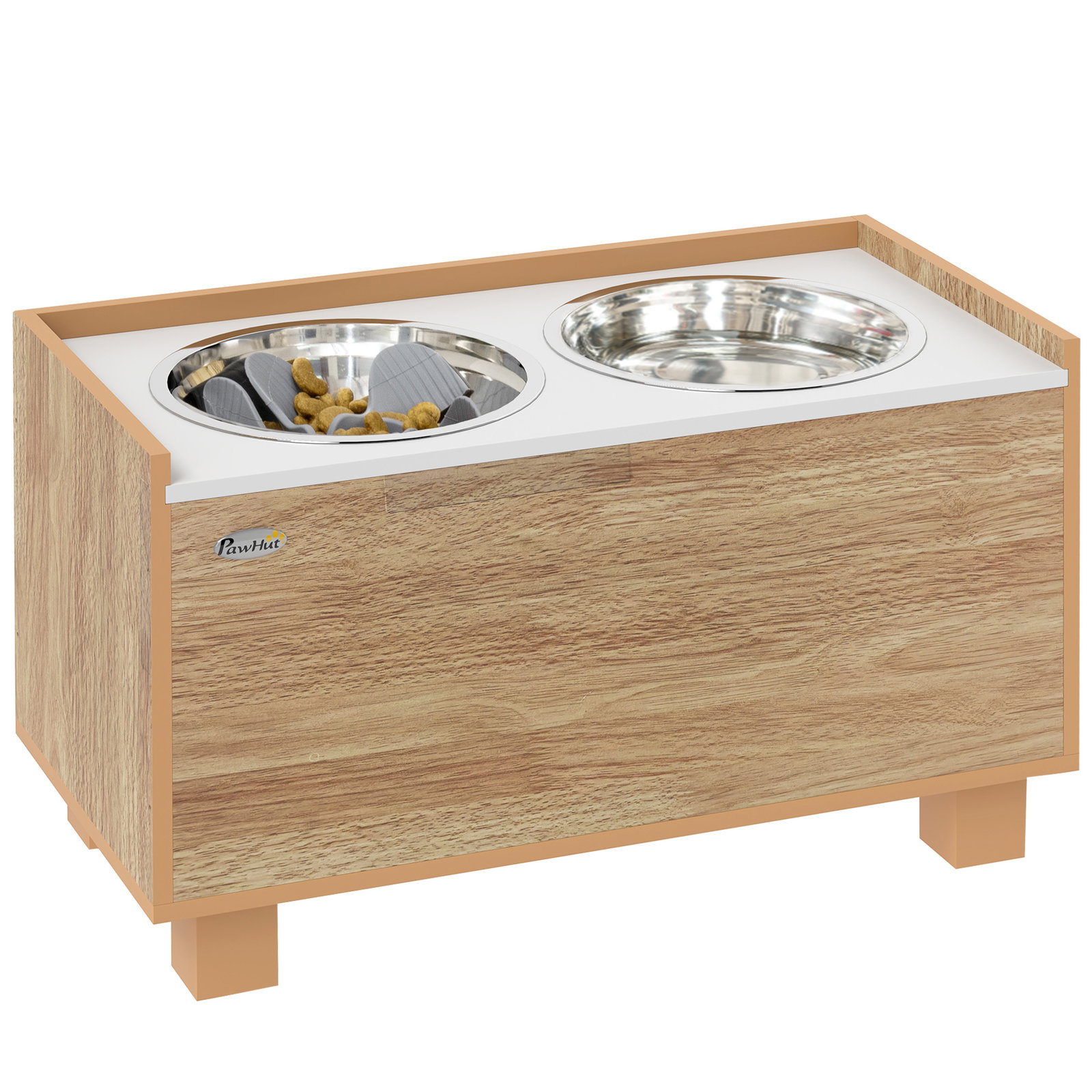 Comedouro para cães elevado com sistema de alimentação lento espaço de arrumação 2 tigelas de 2l de aço inoxidável 60x30x35,5 cm madeira