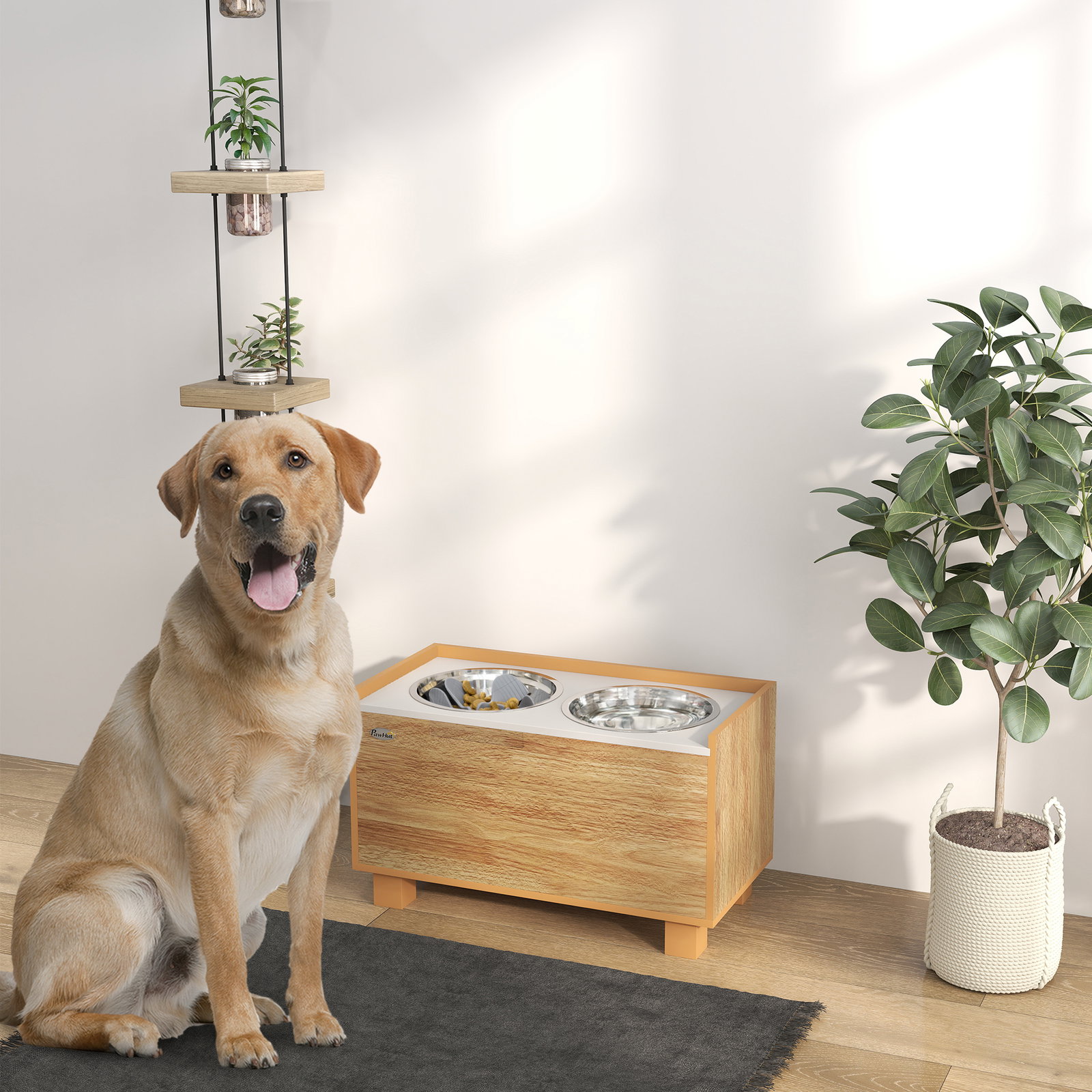 Comedouro para cães elevado com sistema de alimentação lento espaço de arrumação 2 tigelas de 2l de aço inoxidável 60x30x35,5 cm madeira