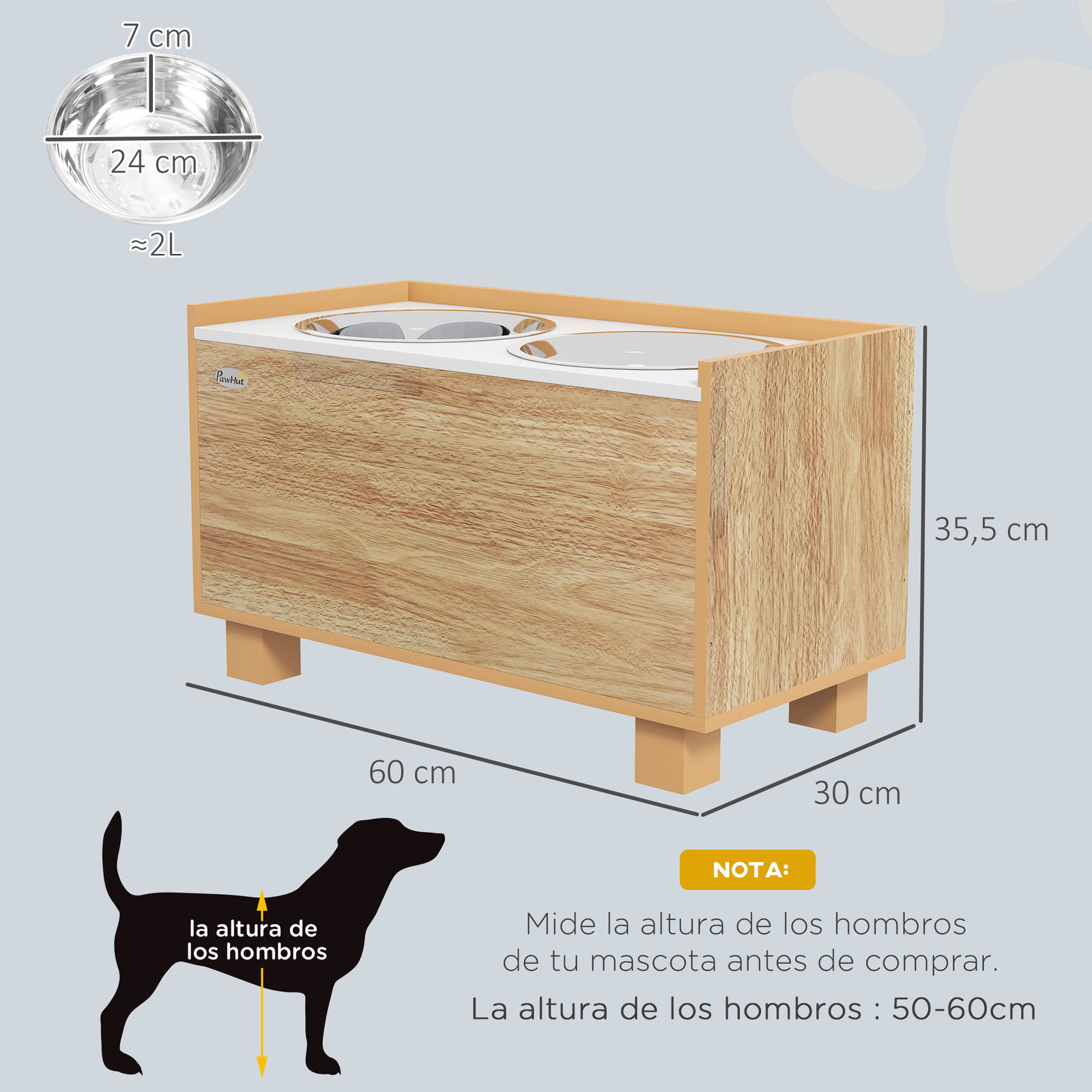 Comedouro para cães elevado com sistema de alimentação lento espaço de arrumação 2 tigelas de 2l de aço inoxidável 60x30x35,5 cm madeira