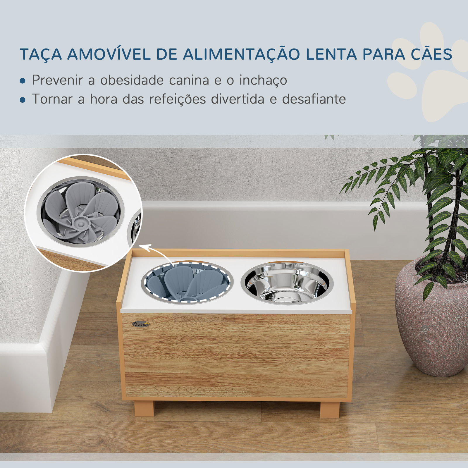 Comedouro para cães elevado com sistema de alimentação lento espaço de arrumação 2 tigelas de 2l de aço inoxidável 60x30x35,5 cm madeira