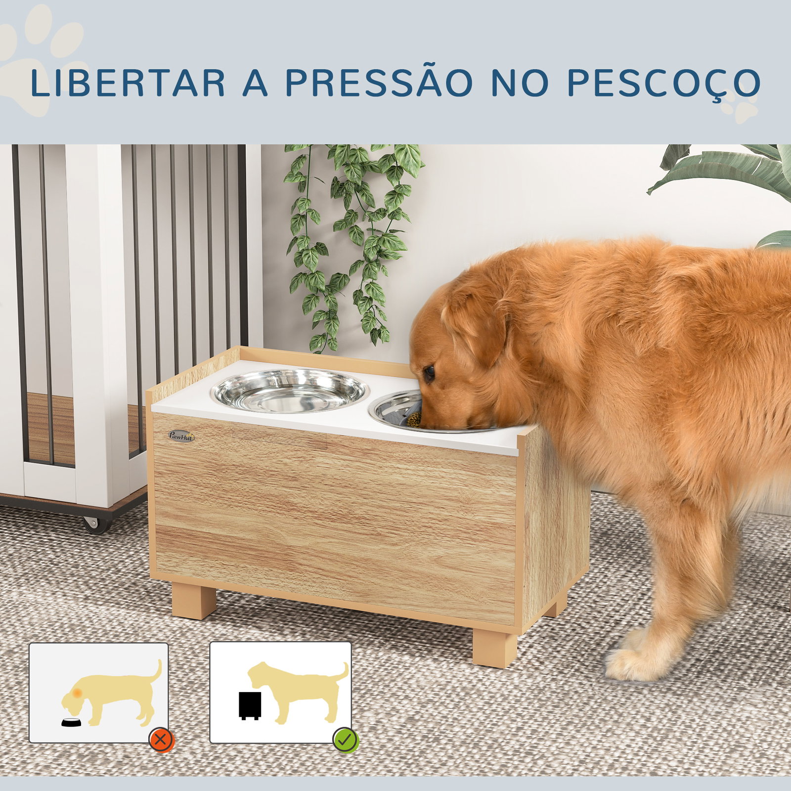 Comedouro para cães elevado com sistema de alimentação lento espaço de arrumação 2 tigelas de 2l de aço inoxidável 60x30x35,5 cm madeira