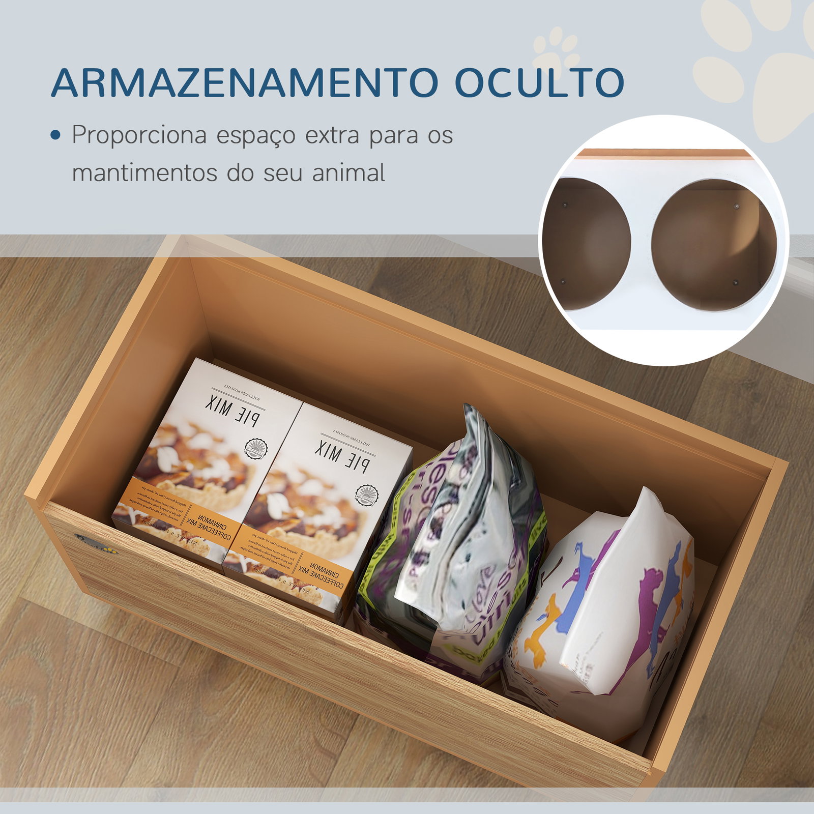Comedouro para cães elevado com sistema de alimentação lento espaço de arrumação 2 tigelas de 2l de aço inoxidável 60x30x35,5 cm madeira