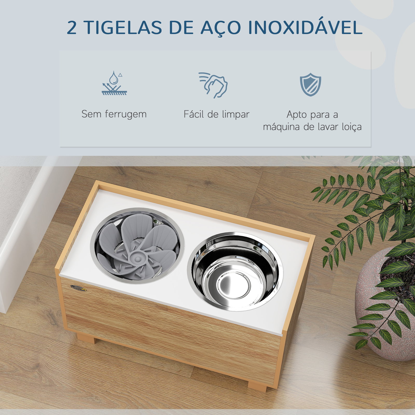 Comedouro para cães elevado com sistema de alimentação lento espaço de arrumação 2 tigelas de 2l de aço inoxidável 60x30x35,5 cm madeira