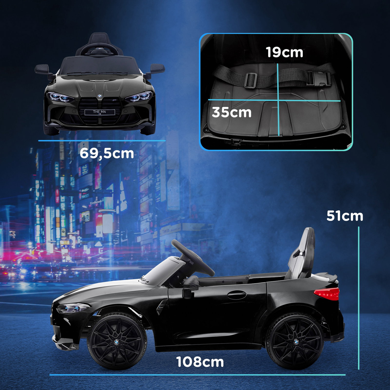 Carro elétrico para crianças bmw m4 12v com controlo remoto faróis buzina música e velocidade 3-5 km/h 108x69,5x51 cm preto