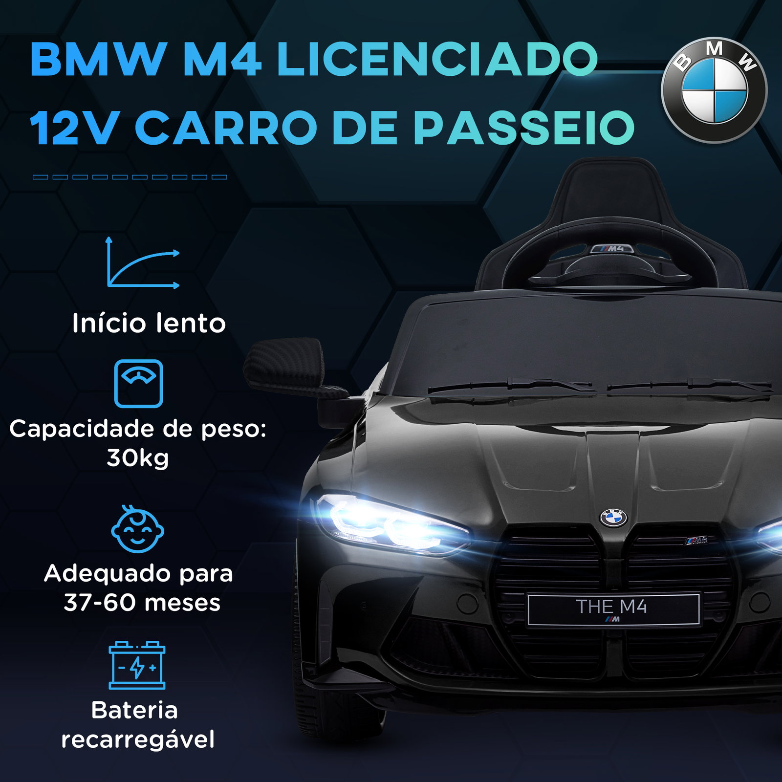 Carro elétrico para crianças bmw m4 12v com controlo remoto faróis buzina música e velocidade 3-5 km/h 108x69,5x51 cm preto