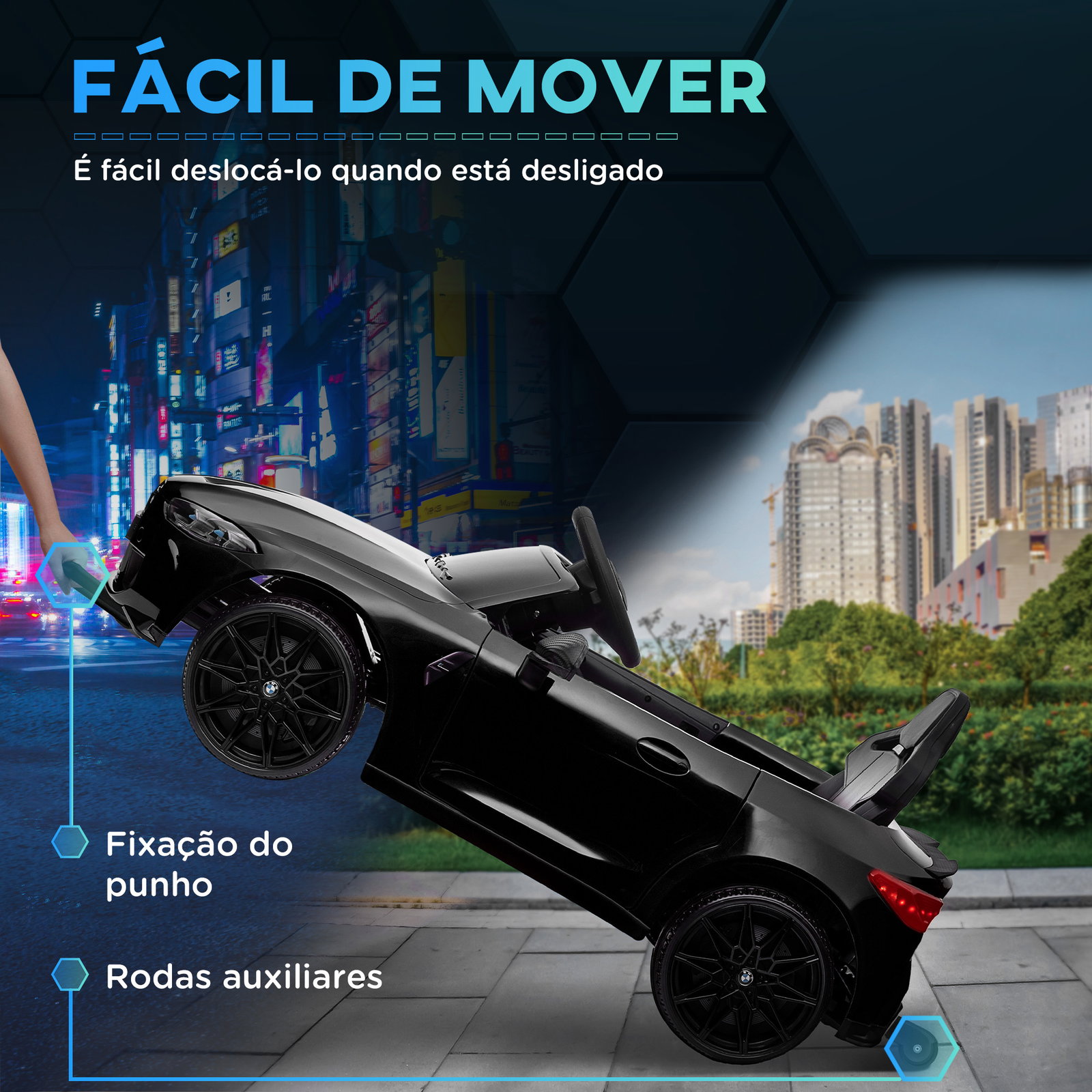 Carro elétrico para crianças bmw m4 12v com controlo remoto faróis buzina música e velocidade 3-5 km/h 108x69,5x51 cm preto