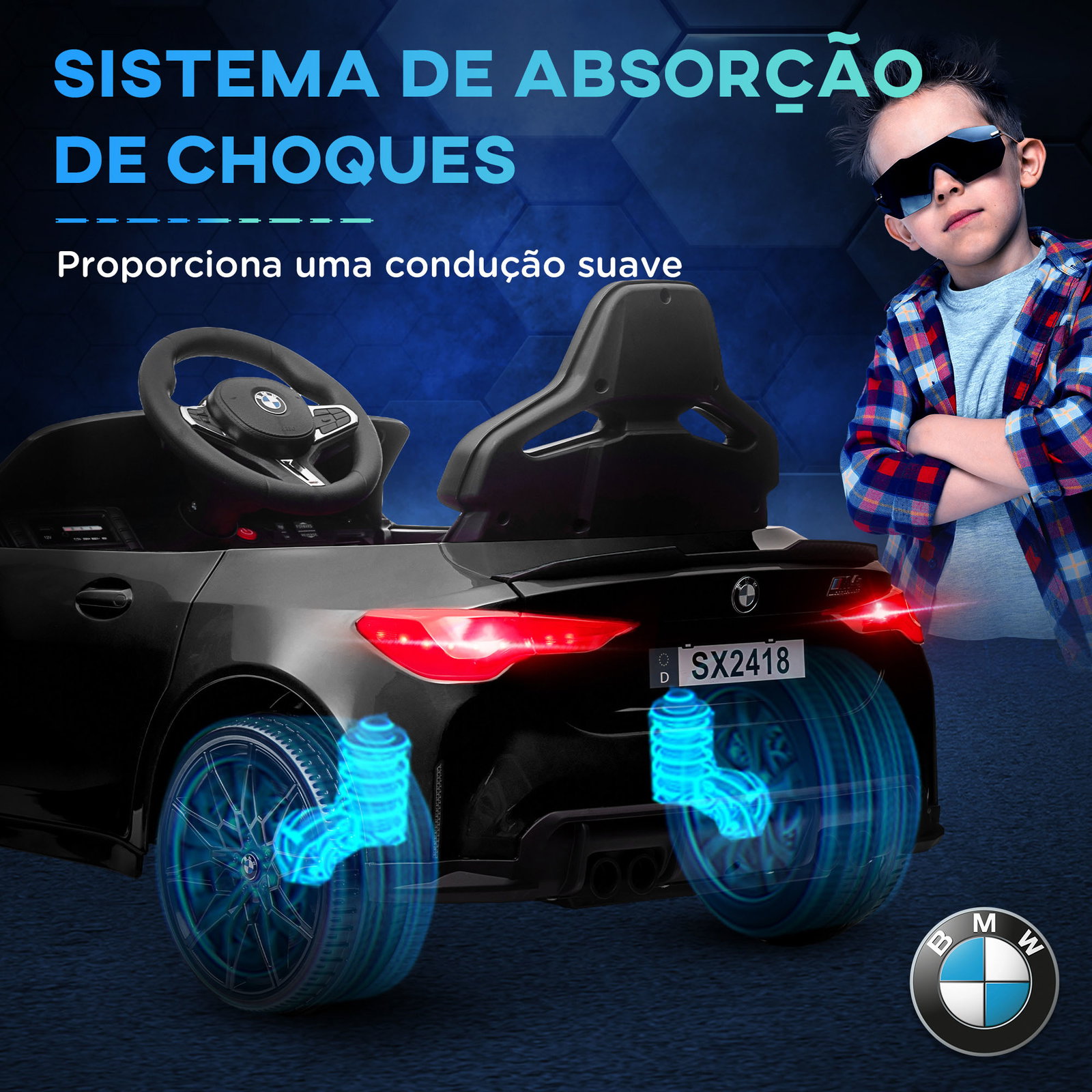 Carro elétrico para crianças bmw m4 12v com controlo remoto faróis buzina música e velocidade 3-5 km/h 108x69,5x51 cm preto