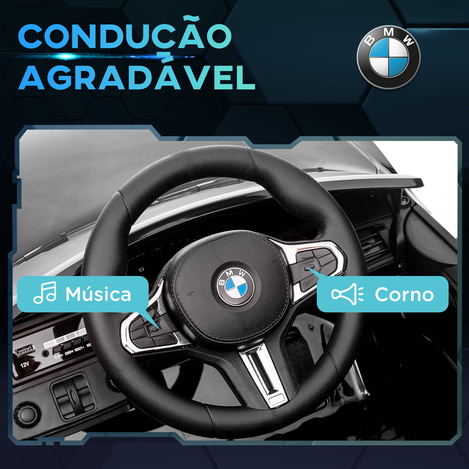 Carro elétrico para crianças bmw m4 12v com controlo remoto faróis buzina música e velocidade 3-5 km/h 108x69,5x51 cm preto