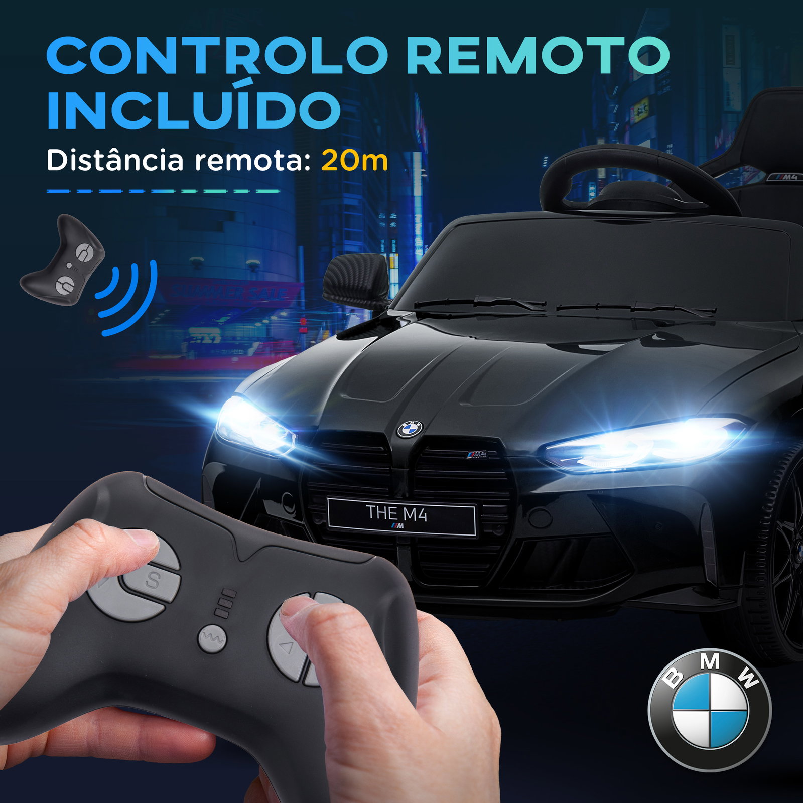 Carro elétrico para crianças bmw m4 12v com controlo remoto faróis buzina música e velocidade 3-5 km/h 108x69,5x51 cm preto