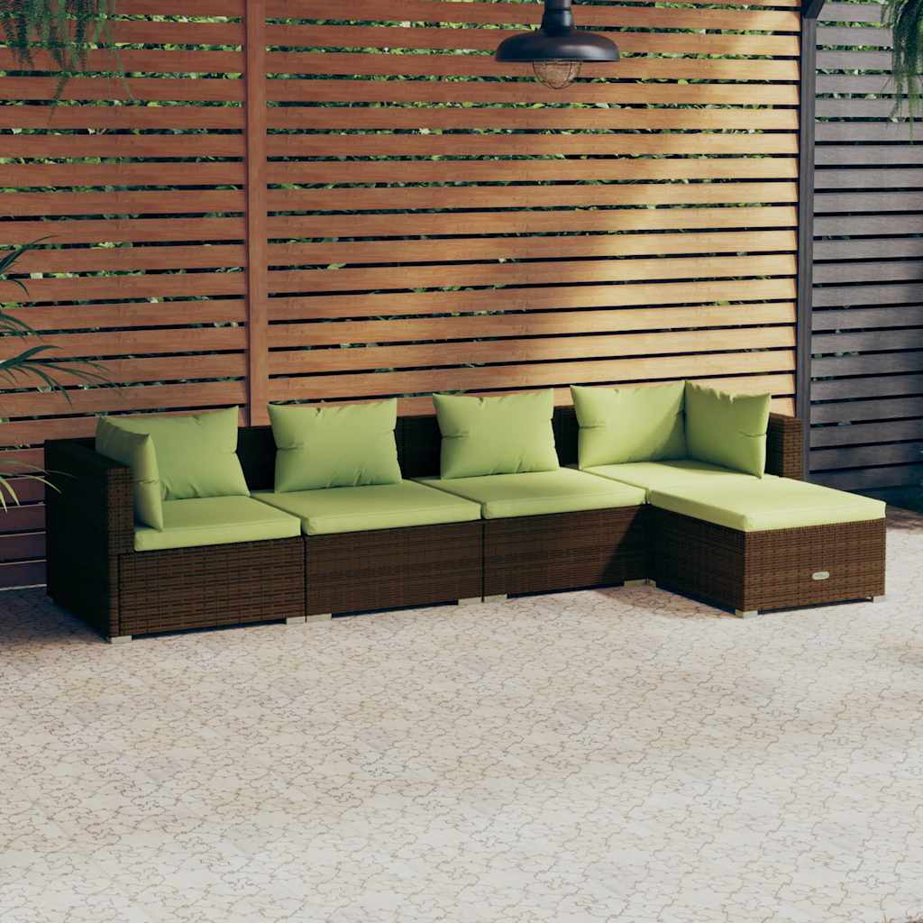 5 Pcs conjunto lounge jardim c/ almofadões vime PE castanho