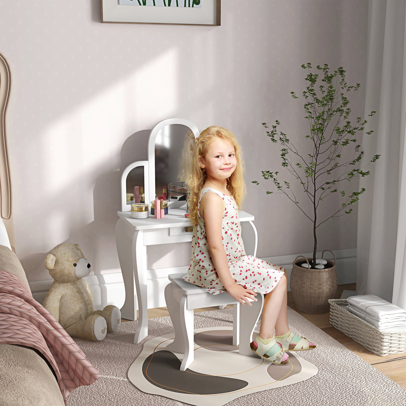Toucador para crianças com espelho e banco toucador de maquilhagem para crianças de 3 a 6 anos 52x32x85 cm branco