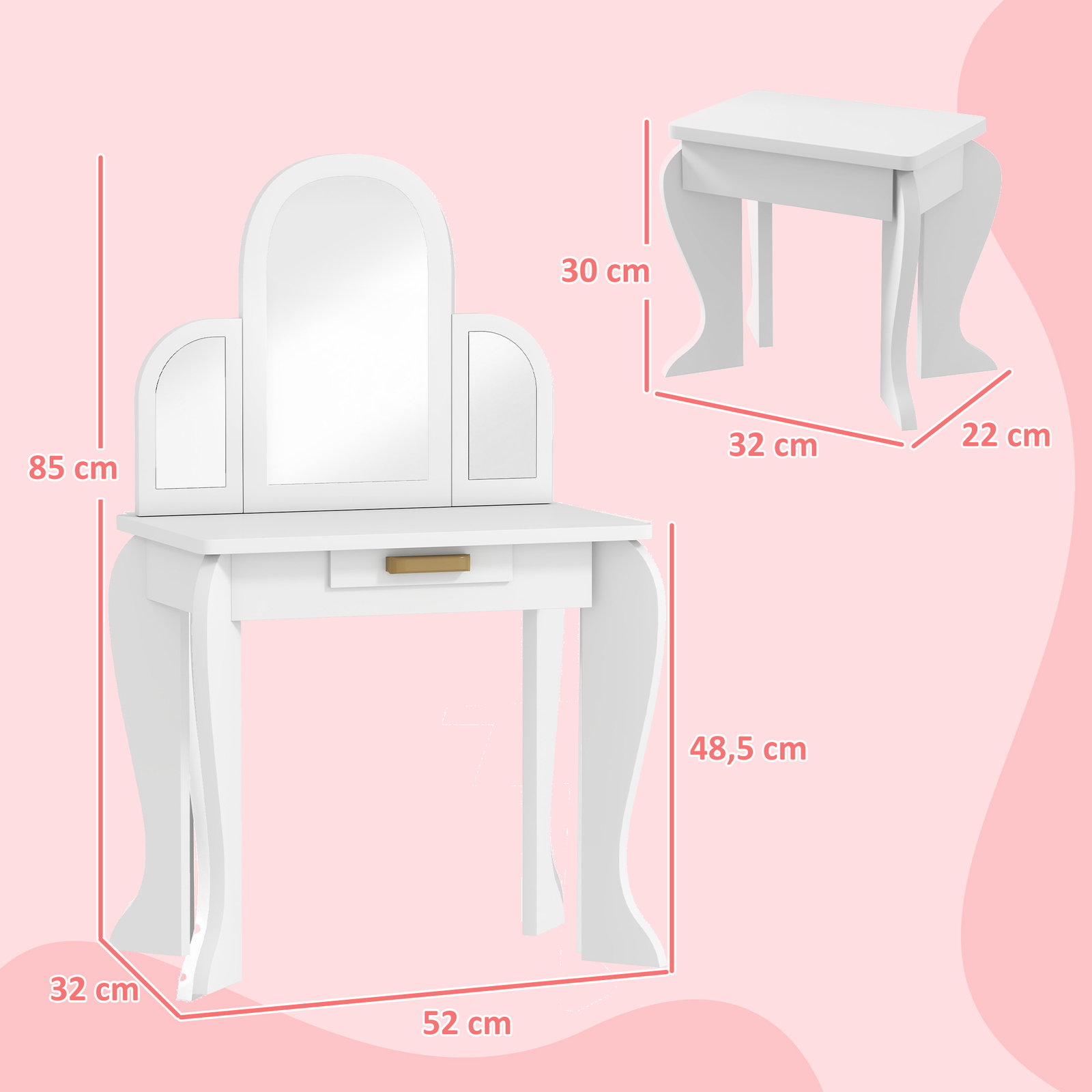 Toucador para crianças com espelho e banco toucador de maquilhagem para crianças de 3 a 6 anos 52x32x85 cm branco