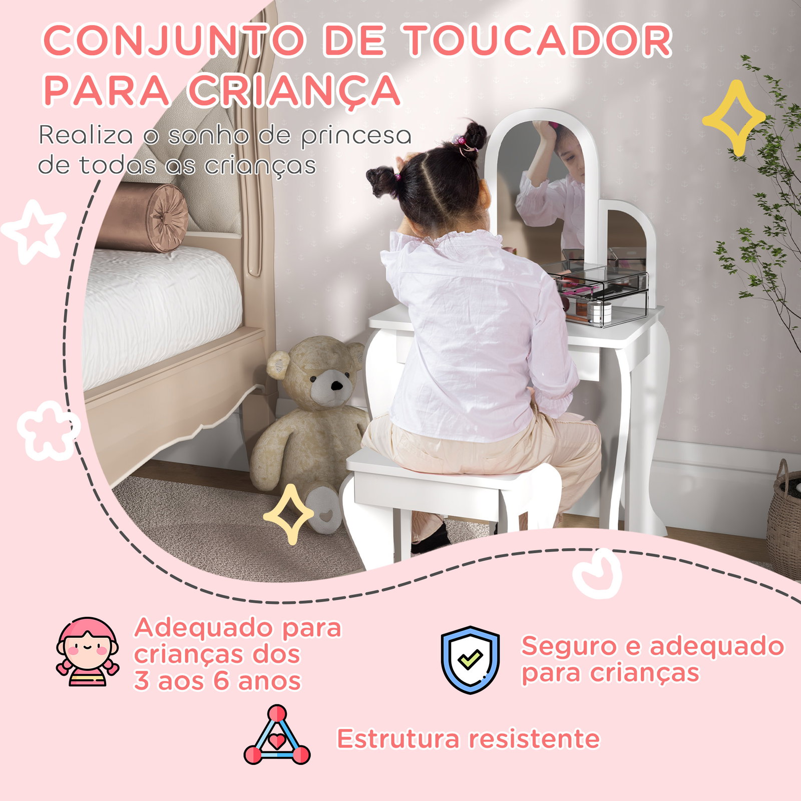 Toucador para crianças com espelho e banco toucador de maquilhagem para crianças de 3 a 6 anos 52x32x85 cm branco