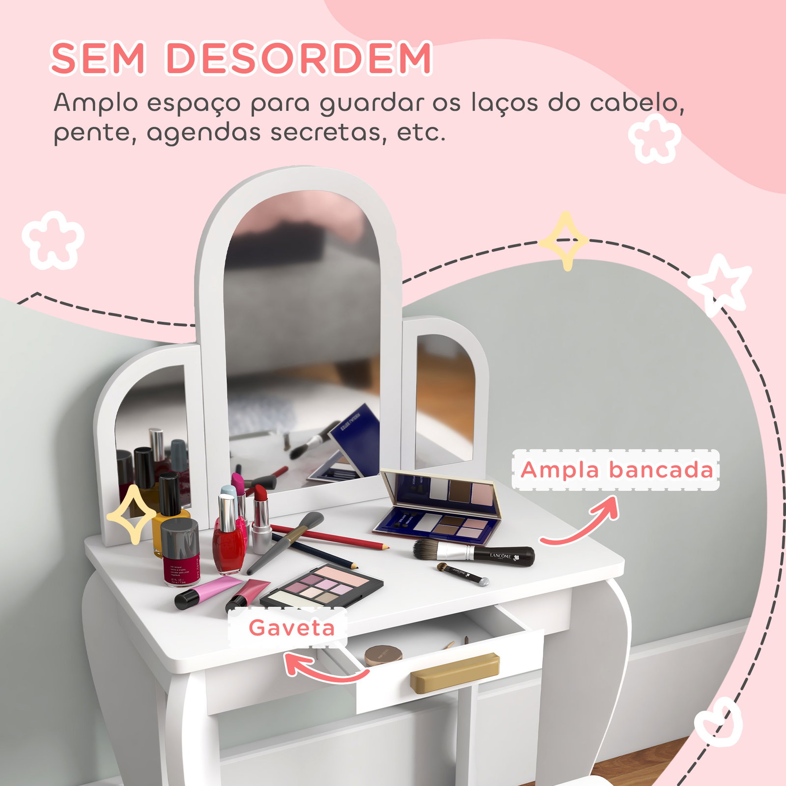 Toucador para crianças com espelho e banco toucador de maquilhagem para crianças de 3 a 6 anos 52x32x85 cm branco