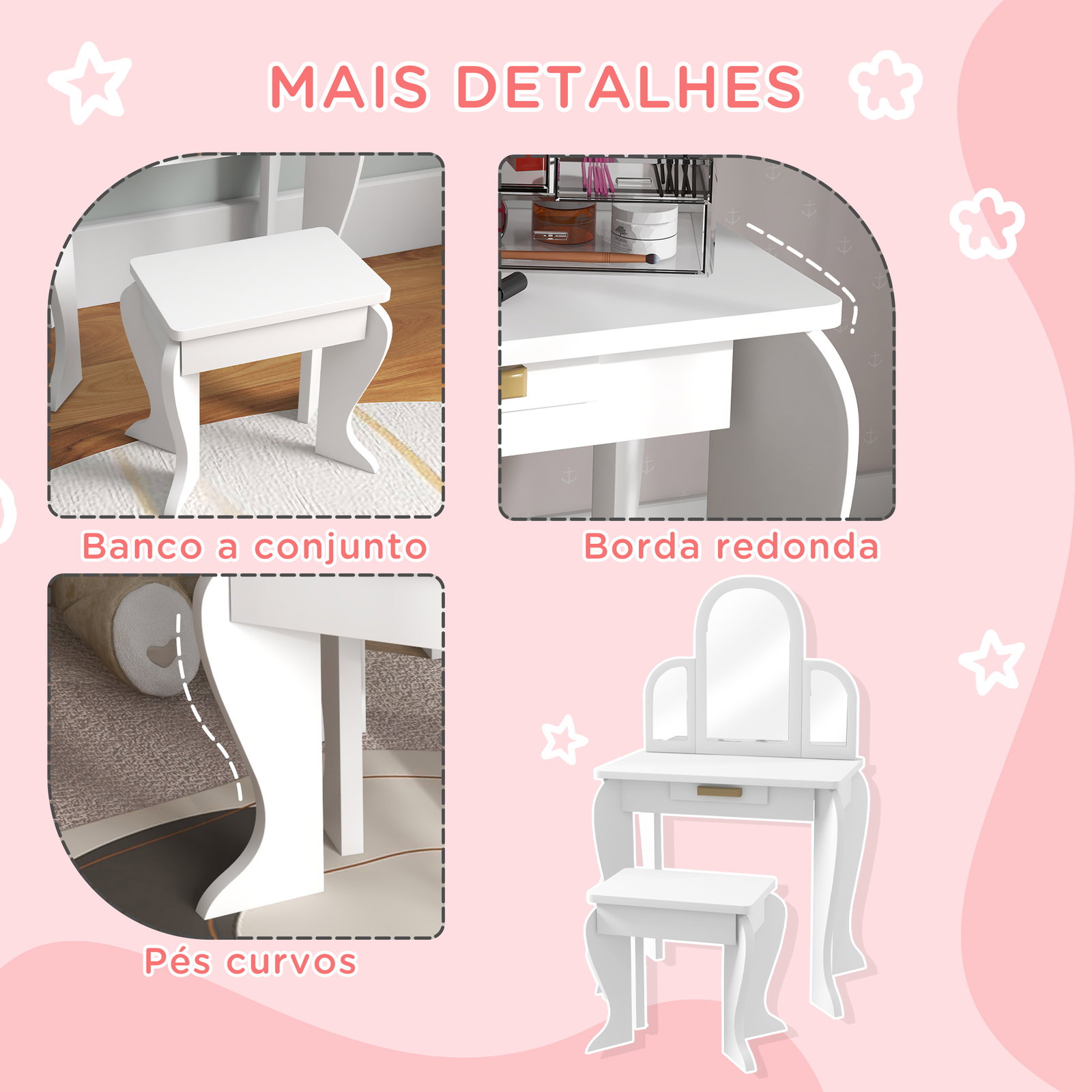 Toucador para crianças com espelho e banco toucador de maquilhagem para crianças de 3 a 6 anos 52x32x85 cm branco
