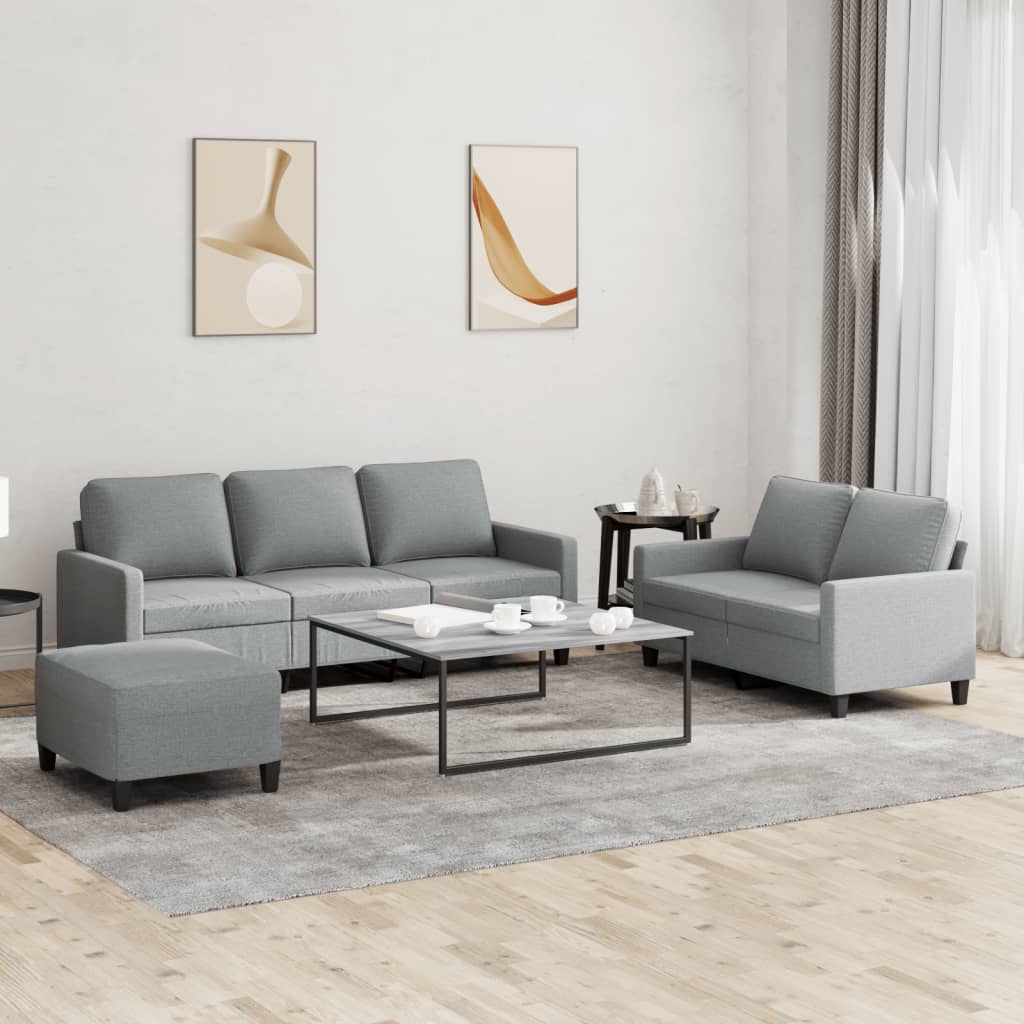 3 Pcs conjunto de sofás com almofadões tecido cinzento-claro