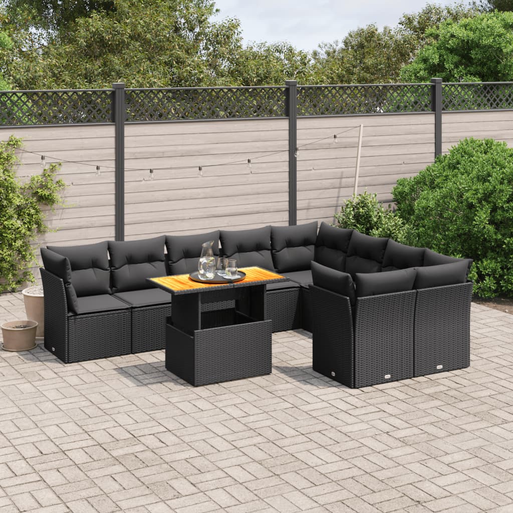 10 Pcs conjunto sofás de jardim c/ almofadões vime PE preto