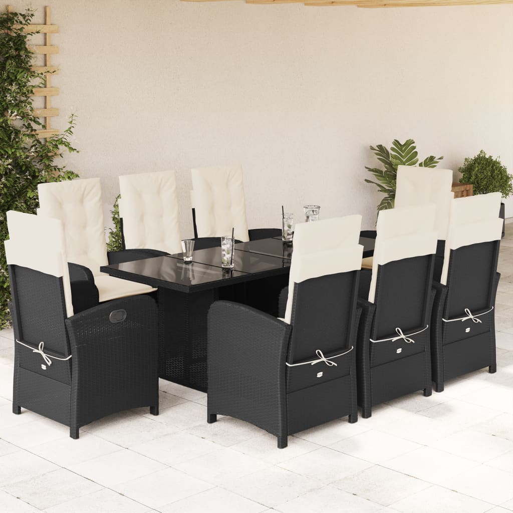 9 Pcs conjunto de jantar p/ jardim c/ almofadões vime PE preto