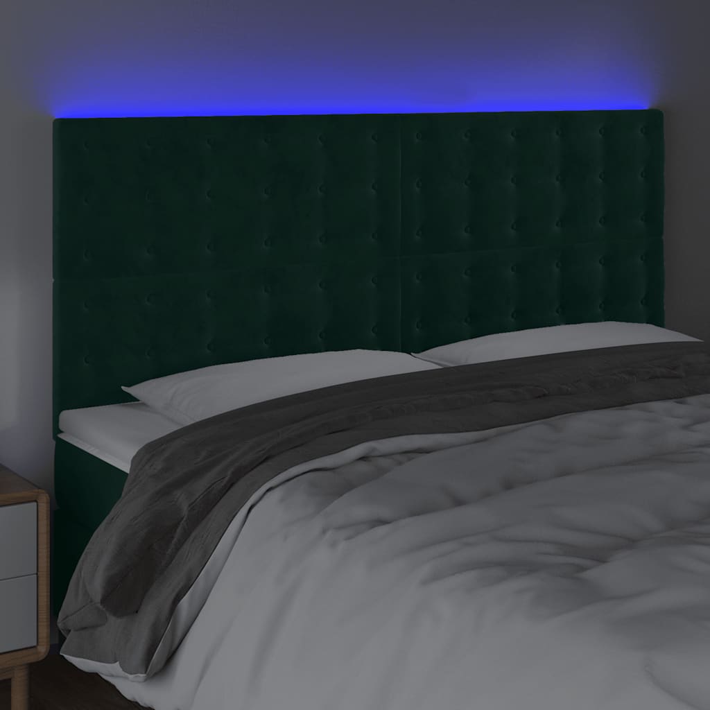 Cabeceira de cama c/ LED veludo 200x5x118/128 cm verde-escuro
