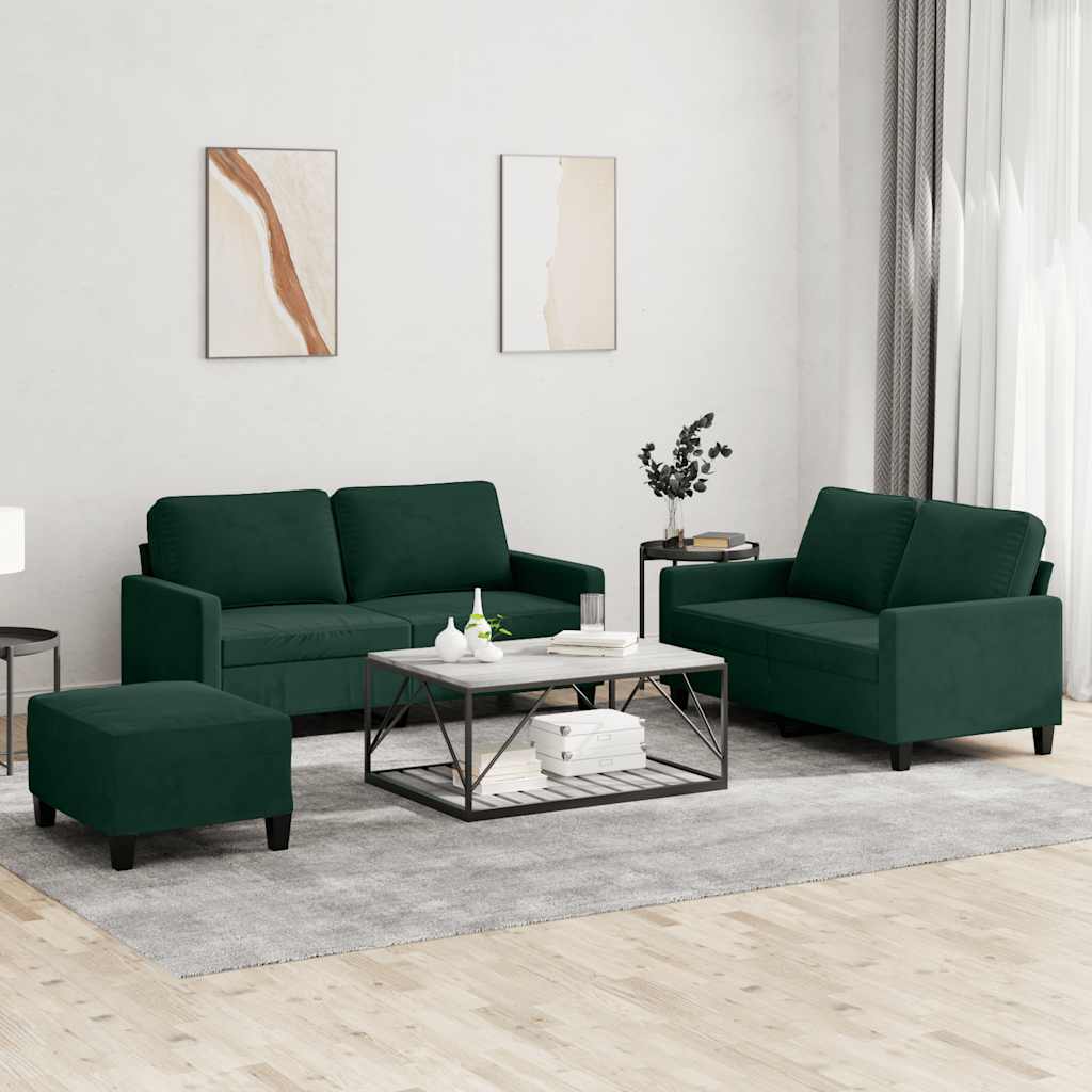 3 Pcs conjunto de sofás com almofadões veludo verde-escuro