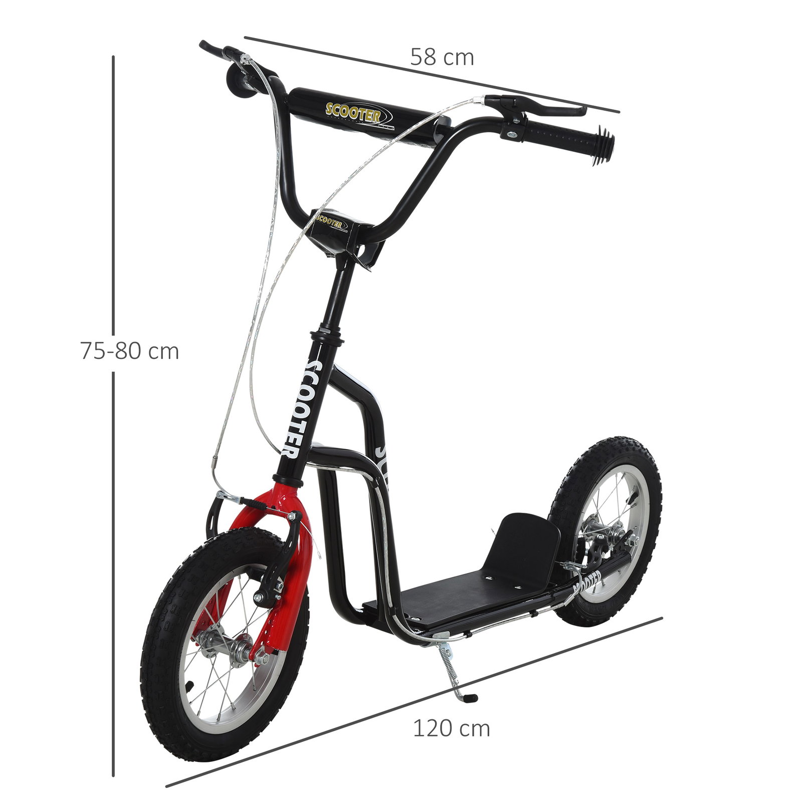 Trotinete para Crianças com Guiador Ajustável em Altura Travão Duplo e Estrutura de Aço 120x58x75-80 cm Preto