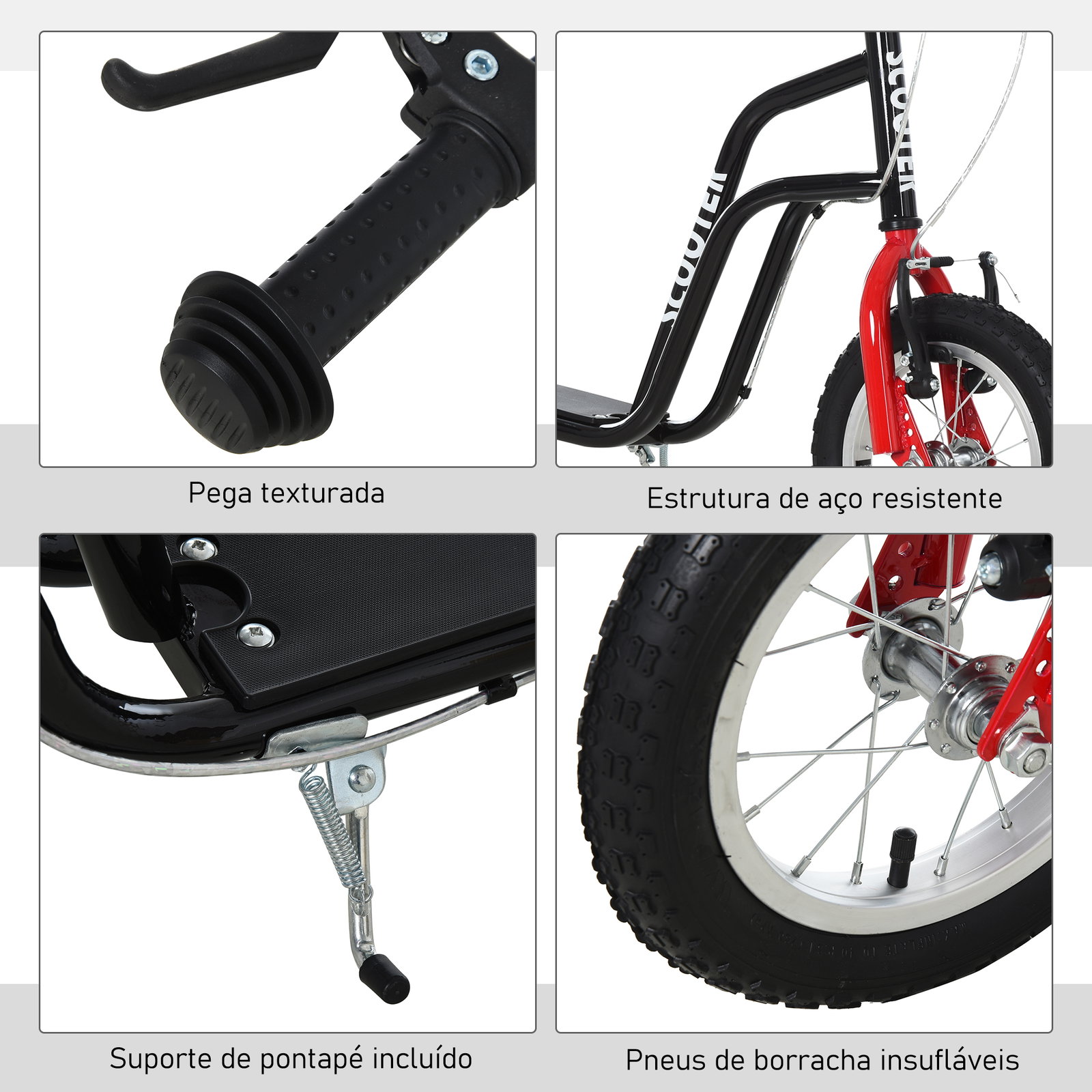 Trotinete para Crianças com Guiador Ajustável em Altura Travão Duplo e Estrutura de Aço 120x58x75-80 cm Preto