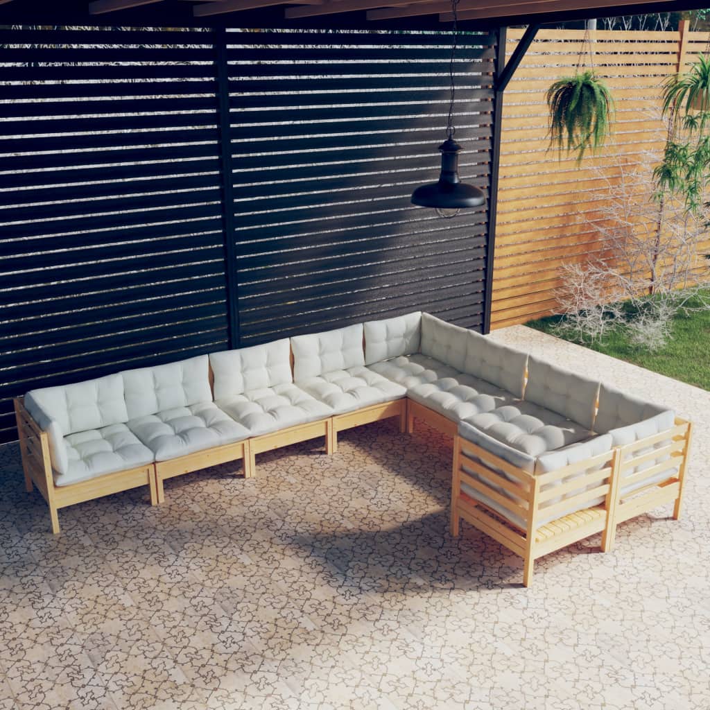 9 Pcs conjunto lounge de jardim c/ almofadões cor creme pinho