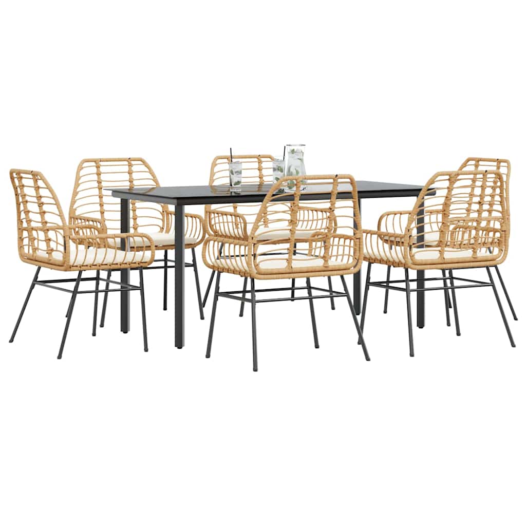 Conjunto jantar jardim 7 peças almofadas vidro vime PE castanho