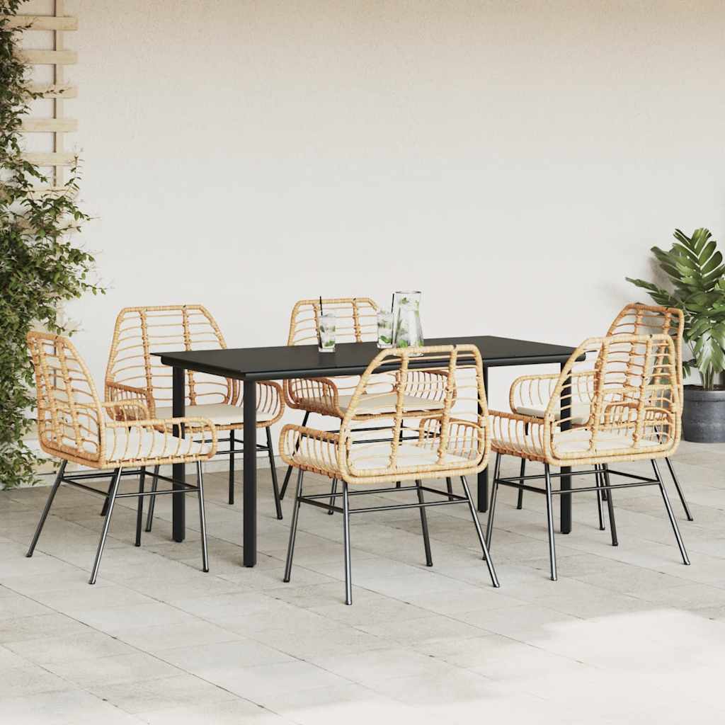 Conjunto jantar jardim 7 peças almofadas vidro vime PE castanho