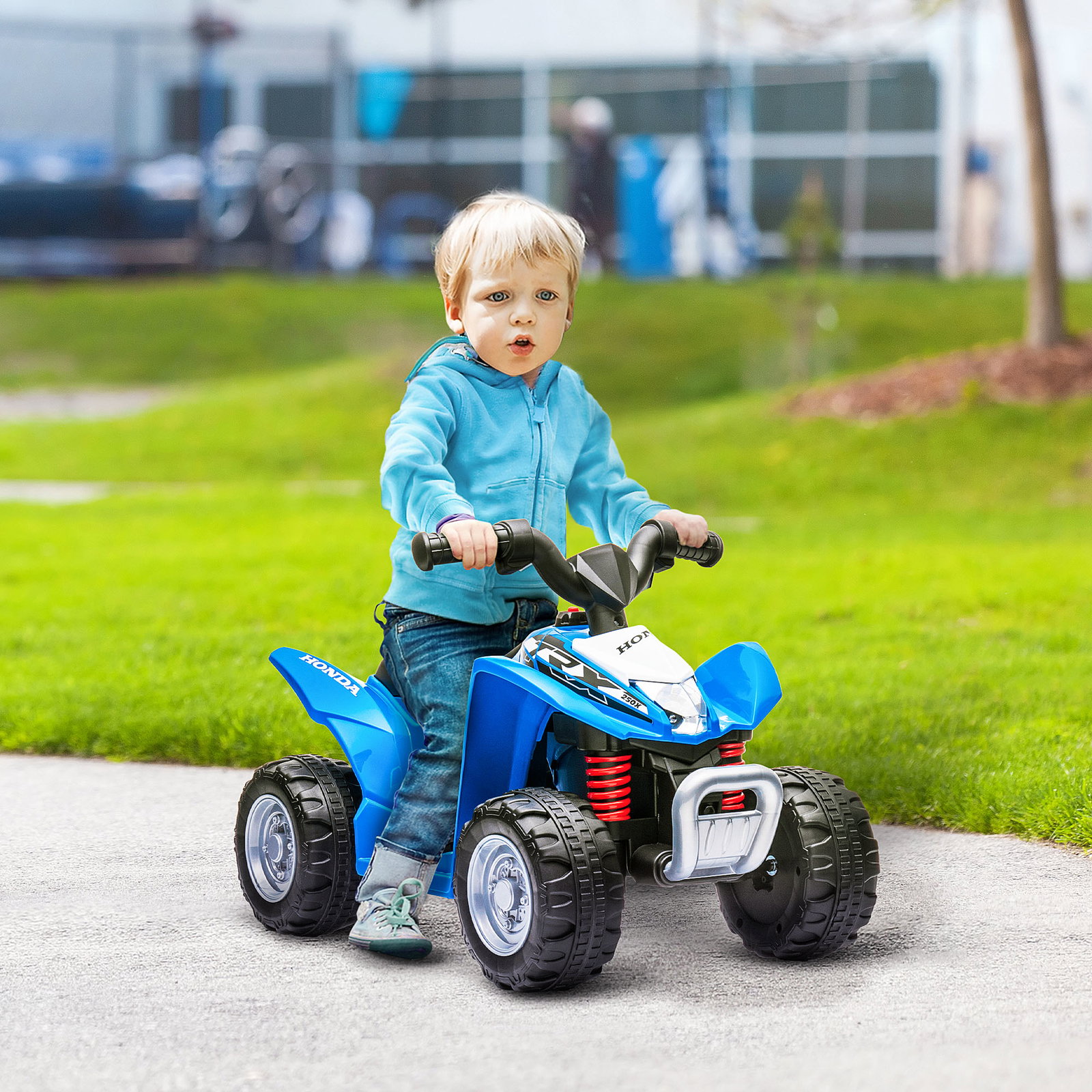 Quadriciclo elétrico honda para crianças de 18-36 meses quadriciclo elétrico infantil a bateria 6v com faróis LED buzina velocidade de 2,8km/h e avance 65,5x35,5x43,5cm azul