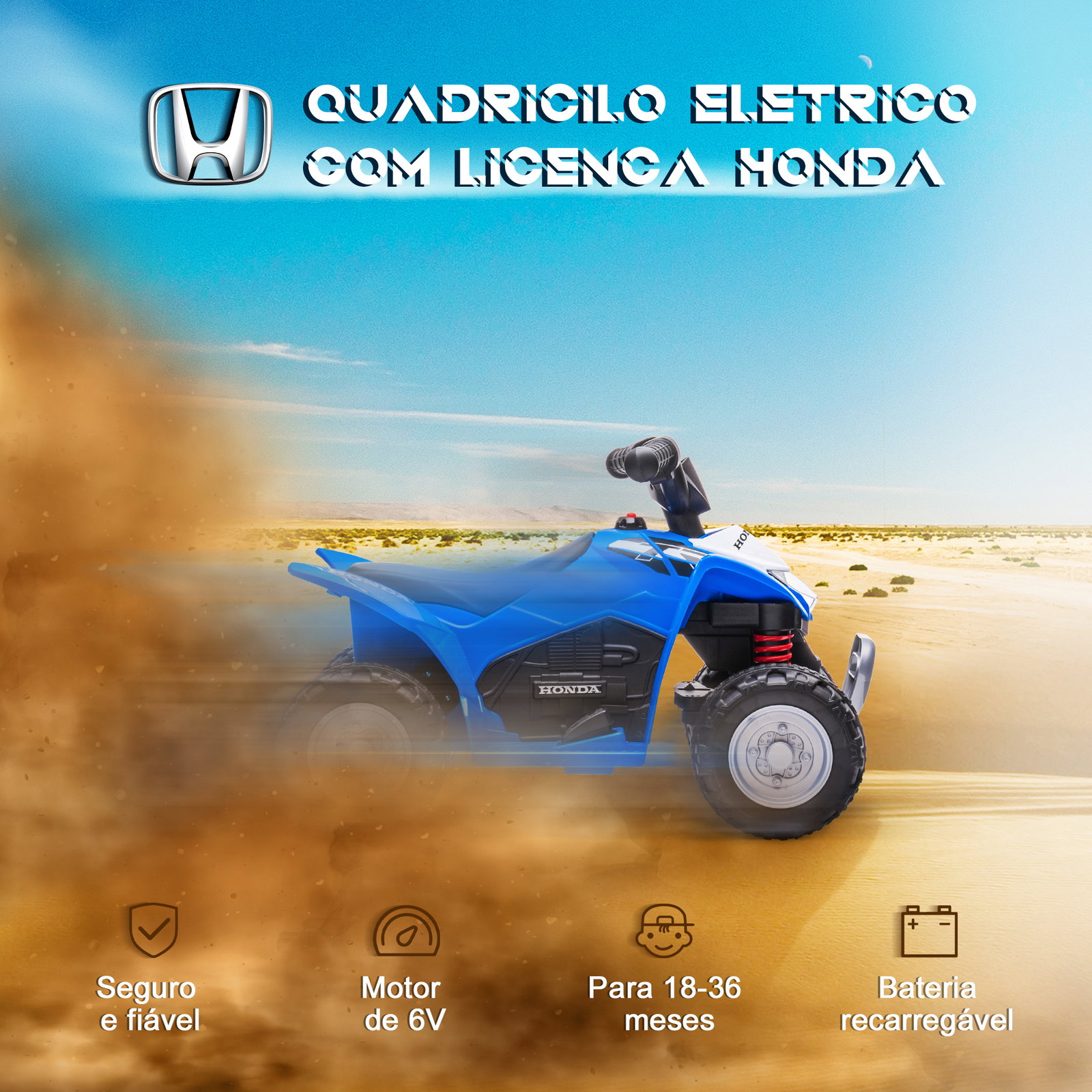 Quadriciclo elétrico honda para crianças de 18-36 meses quadriciclo elétrico infantil a bateria 6v com faróis LED buzina velocidade de 2,8km/h e avance 65,5x35,5x43,5cm azul