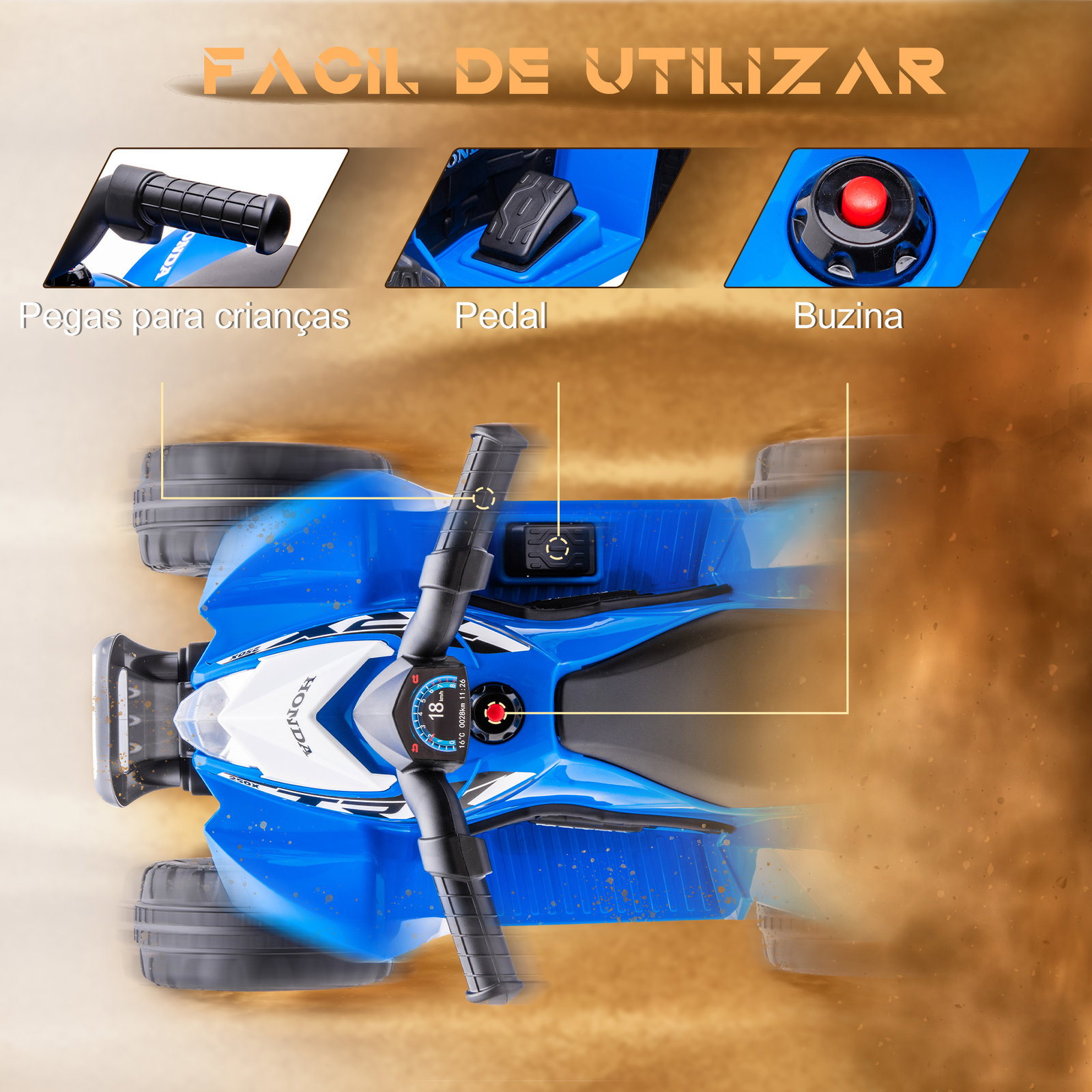 Quadriciclo elétrico honda para crianças de 18-36 meses quadriciclo elétrico infantil a bateria 6v com faróis LED buzina velocidade de 2,8km/h e avance 65,5x35,5x43,5cm azul