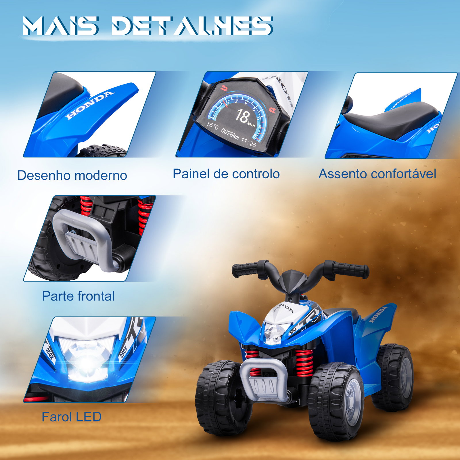Quadriciclo elétrico honda para crianças de 18-36 meses quadriciclo elétrico infantil a bateria 6v com faróis LED buzina velocidade de 2,8km/h e avance 65,5x35,5x43,5cm azul