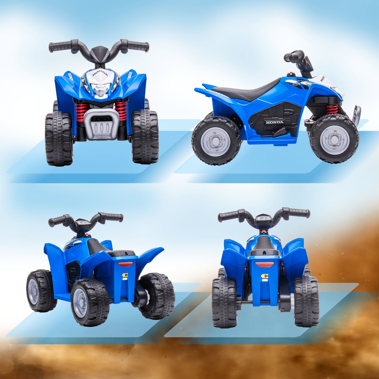 Quadriciclo elétrico honda para crianças de 18-36 meses quadriciclo elétrico infantil a bateria 6v com faróis LED buzina velocidade de 2,8km/h e avance 65,5x35,5x43,5cm azul