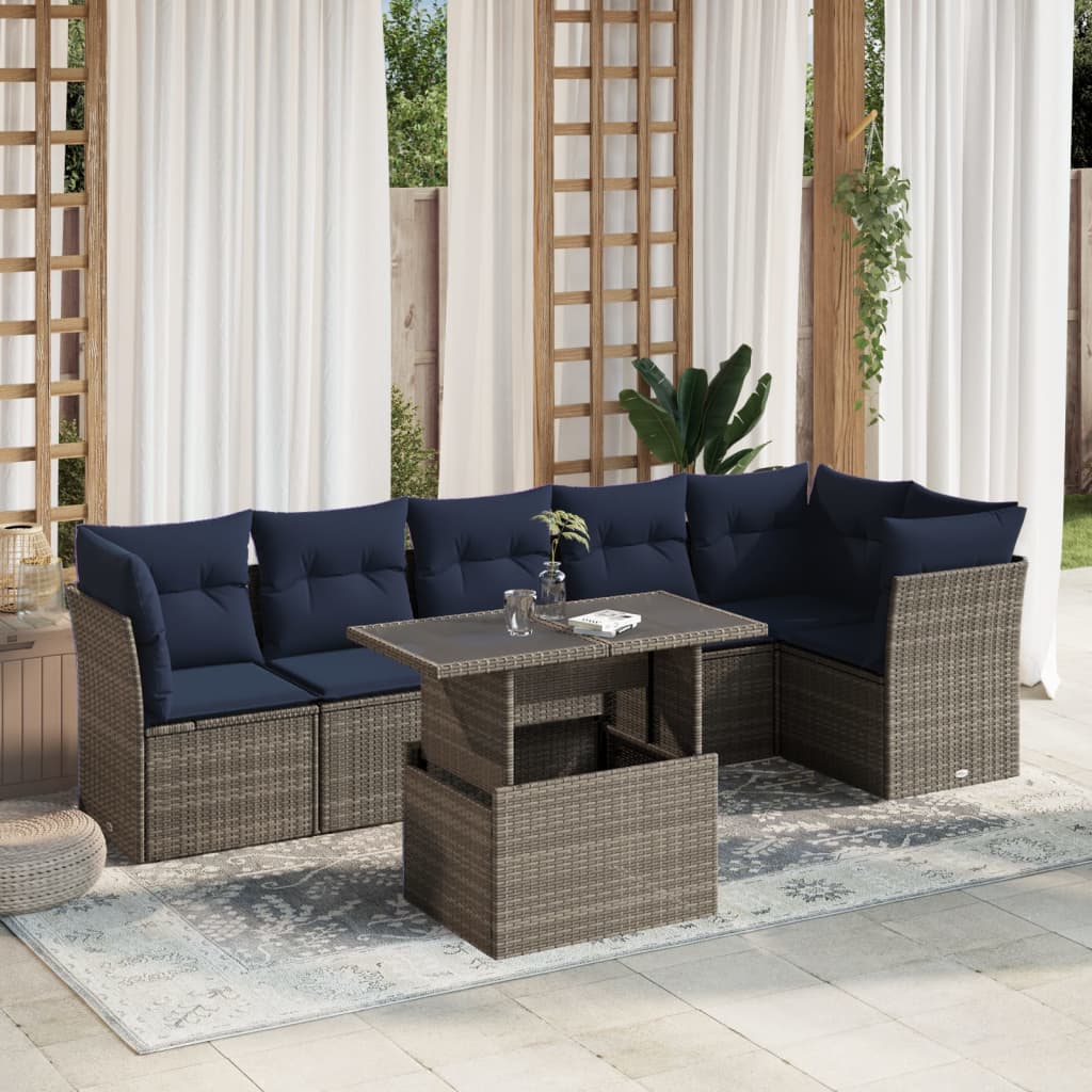 Conjunto de sofá de jardim com 7 peças e almofadas em rattan sintético cinza