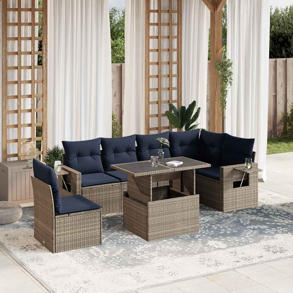 Conjunto de sofá de jardim com 7 peças e almofadas em rattan sintético cinza