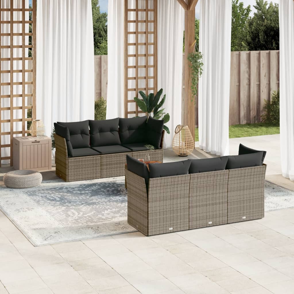 7 Pcs conjunto sofás p/ jardim c/ almofadões vime PE cinzento