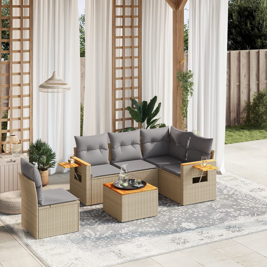 6 Pcs conjunto de sofás p/ jardim com almofadões vime PE bege