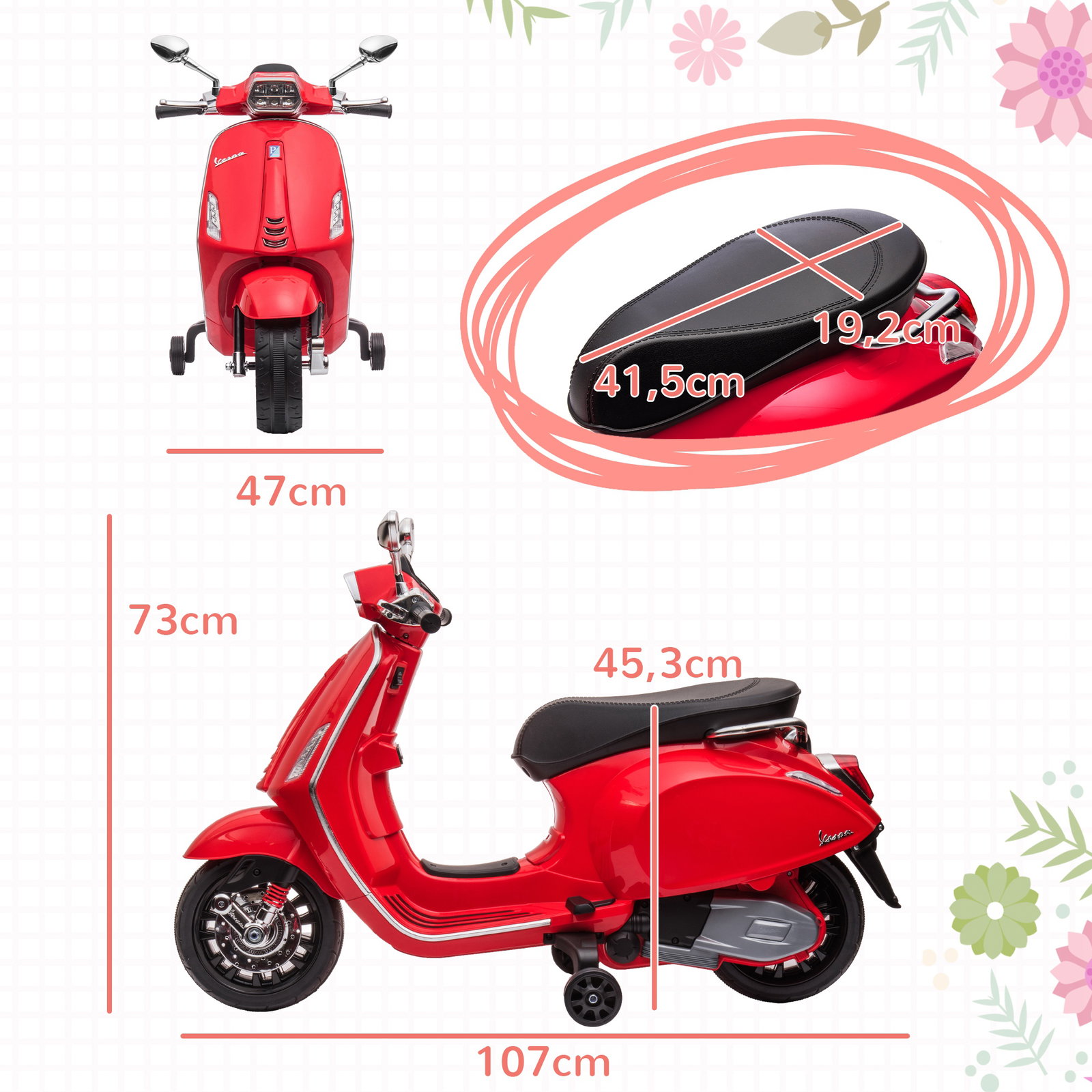 Moto elétrica para crianças de 3-6 anos com licença vespa com USB mp3 luz LED rádio fm velocidade 3 km/h vermelho