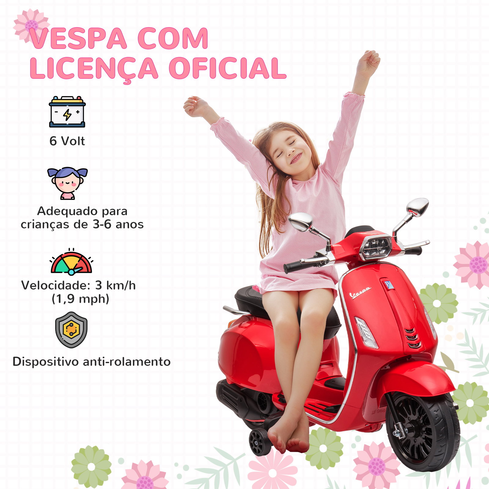 Moto elétrica para crianças de 3-6 anos com licença vespa com USB mp3 luz LED rádio fm velocidade 3 km/h vermelho