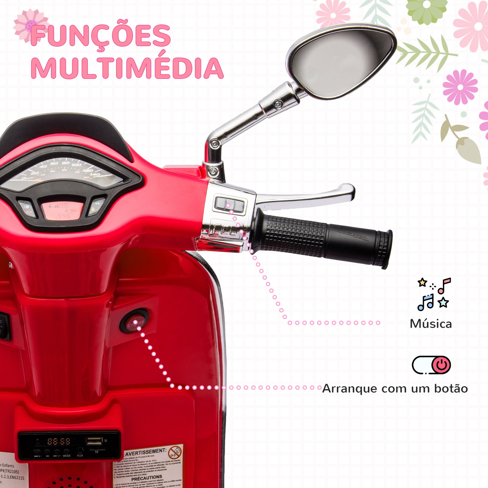 Moto elétrica para crianças de 3-6 anos com licença vespa com USB mp3 luz LED rádio fm velocidade 3 km/h vermelho