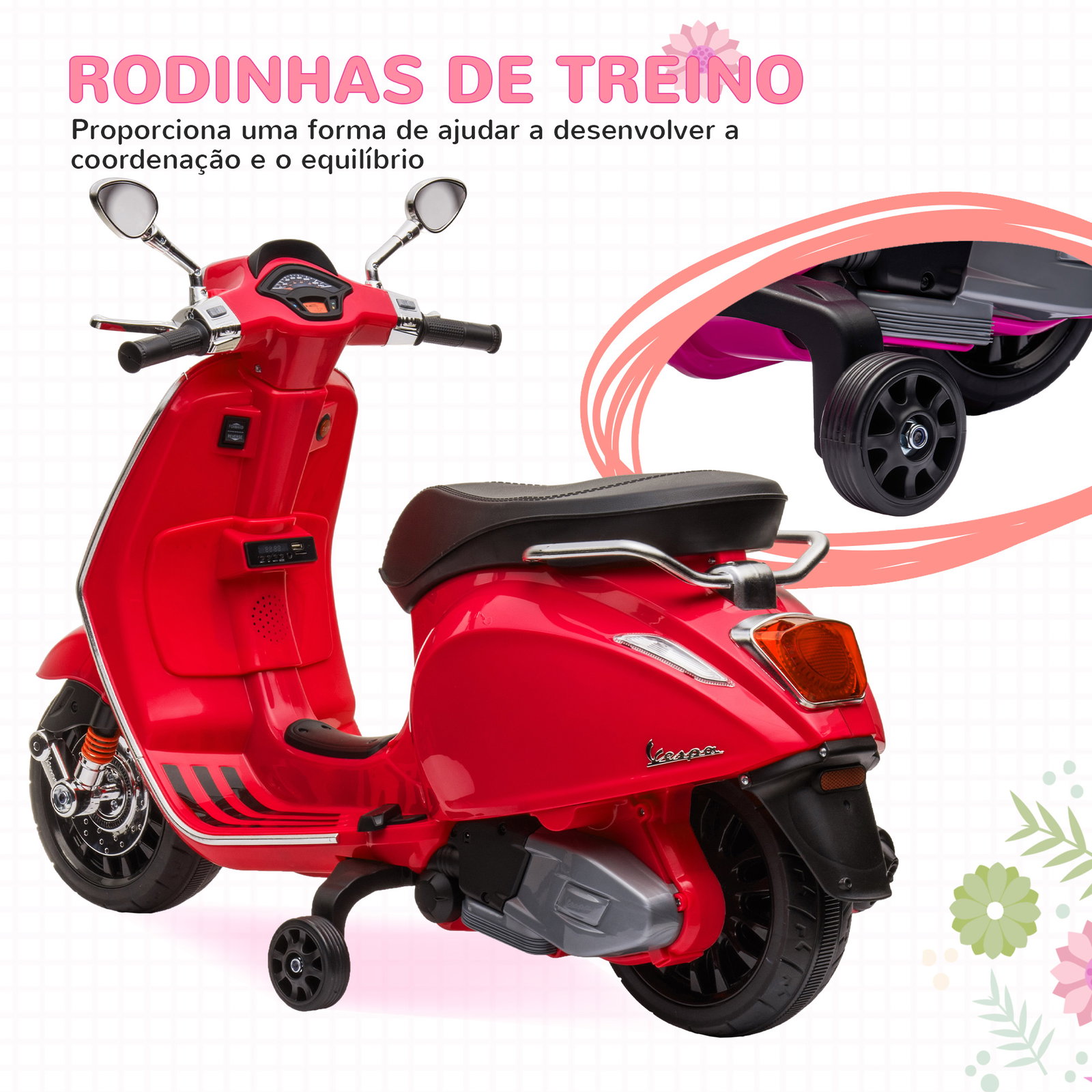 Moto elétrica para crianças de 3-6 anos com licença vespa com USB mp3 luz LED rádio fm velocidade 3 km/h vermelho
