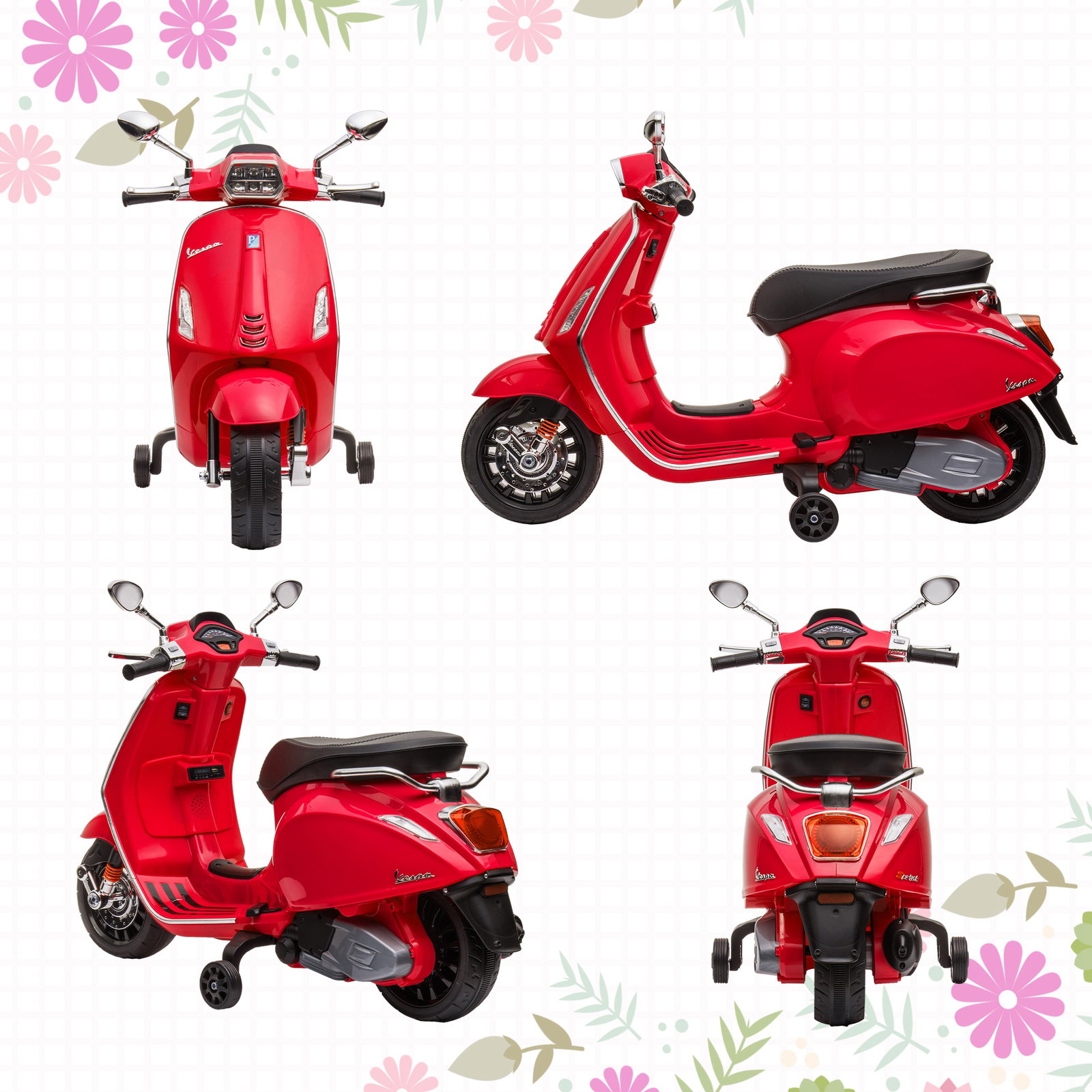 Moto elétrica para crianças de 3-6 anos com licença vespa com USB mp3 luz LED rádio fm velocidade 3 km/h vermelho