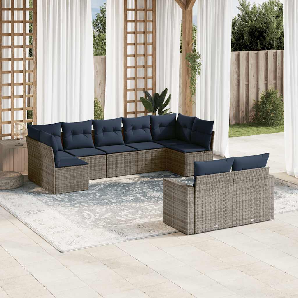 9 Pcs conjunto sofás p/ jardim c/ almofadões vime PE cinzento