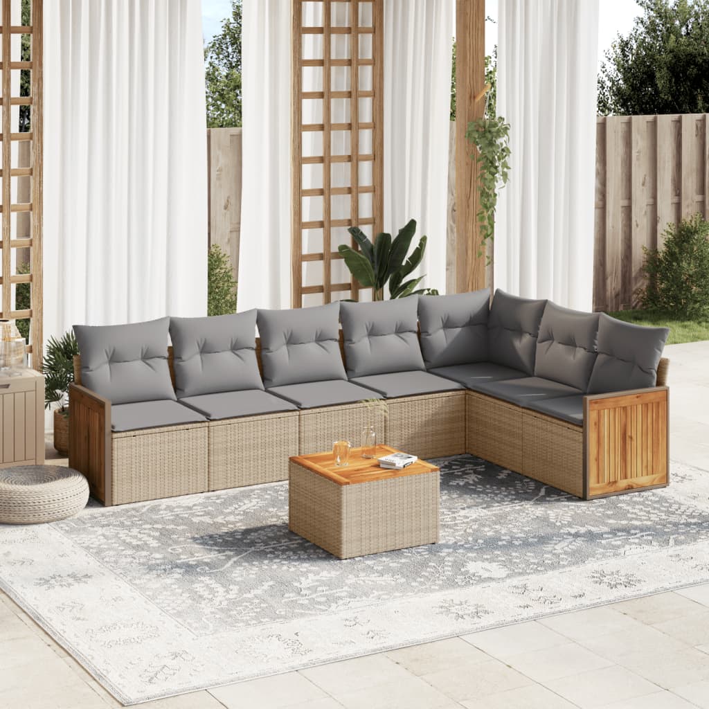 8 Pcs conjunto de sofás p/ jardim com almofadões vime PE bege