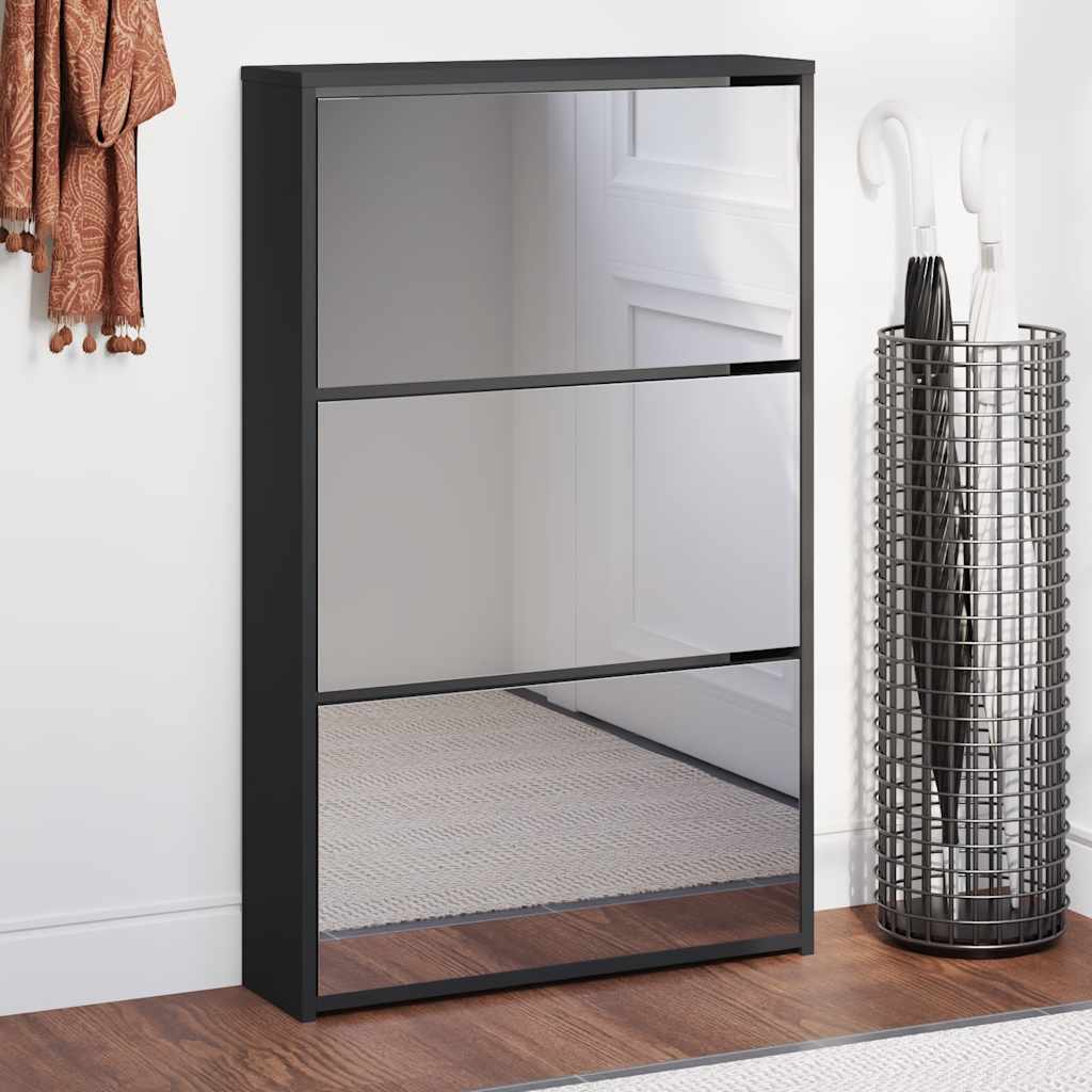 Sapateira com espelho 3 camadas preto 63x17x102,5 cm