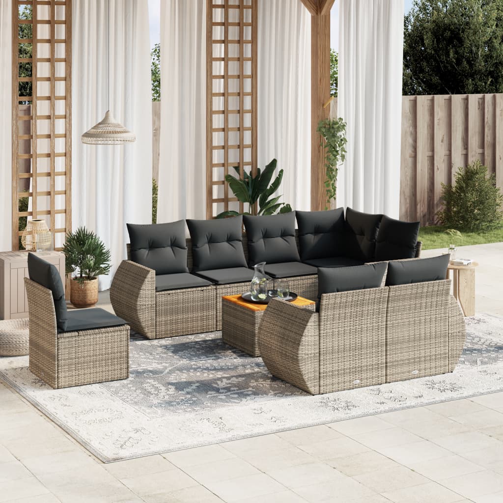 9 Pcs conjunto sofás p/ jardim com almofadões vime PE cinzento