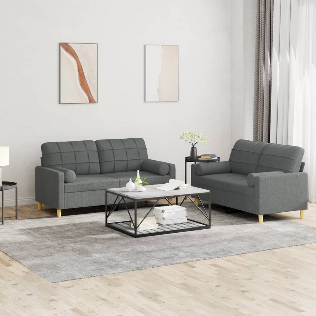 2 Pcs conjunto de sofás com almofadas tecido cinzento-escuro